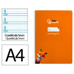 Cuaderno Espiral LIDERPAPEL A4 Pautaguia tapa blanda 80H 75 gr cuadriculada pautado 5mm color Naranja