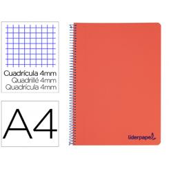 Cuaderno espiral LIDERPAPEL A4 wonder tapa plastico 80h 90gr cuadro 4mm con margen color rojo
