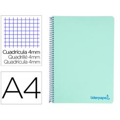 Cuaderno espiral LIDERPAPEL A4 wonder tapa plastico 80h 90gr cuadro 4mm con margen color verde pastel turquesa