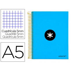 Cuaderno espiral A5 micro ANTARTIK tapa forrada120h 90 gr cuadro 5mm 5 bandas6 taladros color azul