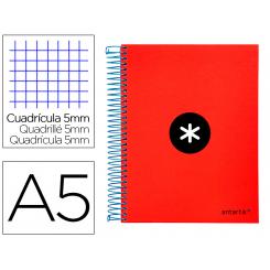 Cuaderno espiral A5 micro ANTARTIK tapa forrada120h 90 gr cuadro 5mm 5 bandas6 taladros color rojo