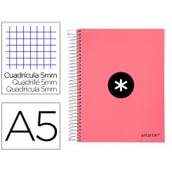 Cuaderno espiral A5 micro ANTARTIK tapa forrada120h 90 gr cuadro 5 mm 5 band 6 taladros color coral