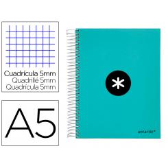 Cuaderno espiral A5 micro ANTARTIK tapa forrada120h 90 gr cuadro 5 mm 5 bandA6 taladros color menta