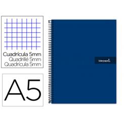 Cuaderno espiral LIDERPAPEL A5 micro crafty tapa forrada 120h 90 gr cuadro 5mm 5 bandas6 taladros color azul