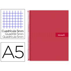 Cuaderno espiral LIDERPAPEL A5 micro crafty tapa forrada 120h 90 gr cuadro 5mm 5 bandas6 taladros color rojo