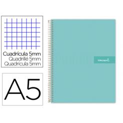 Cuaderno espiral LIDERPAPEL A5 micro crafty tapa forrada 120h 90 gr cuadro 5mm 5 bandas6 taladros color turquesa