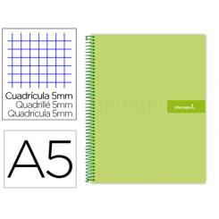 Cuaderno espiral LIDERPAPEL A5 micro crafty tapa forrada 120h 90 gr cuadro 5mm 5 bandas6 taladros color verde