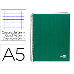 Cuaderno espiral LIDERPAPEL A5 micro papercoat tapa forrada 140h 75 gr cuadro5mm 5 bandas 6 taladros verde