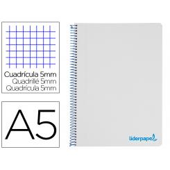 Cuaderno espiral LIDERPAPEL A5 micro wonder tapa plastico 120h 90g cuadro 5mm 5 bandas 6 taladros color gris