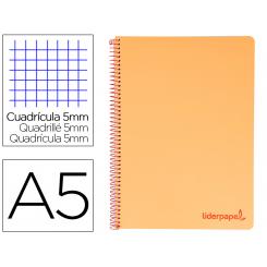 Cuaderno espiral LIDERPAPEL A5 micro wonder tapa plastico 120h 90g cuadro 5mm 5 bandas 6 taladros color naranja