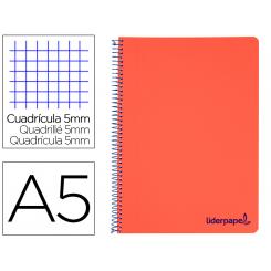 Cuaderno espiral LIDERPAPEL A5 micro wonder tapa plastico 120h 90g cuadro 5mm 5 bandas 6 taladros color rojo