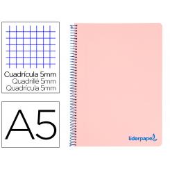 Cuaderno espiral LIDERPAPEL A5 micro wonder tapa plastico 120h 90g cuadro 5mm 5 bandas 6 taladros color rosa