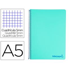Cuaderno espiral LIDERPAPEL A5 micro wonder tapa plastico 120h 90g cuadro 5mm 5 bandas 6 taladro color verde turquesa