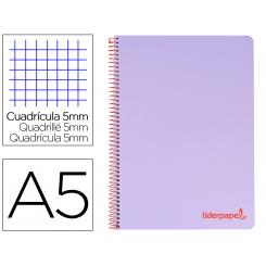 Cuaderno espiral LIDERPAPEL A5 micro wonder tapa plastico 120h 90g cuadro 5mm 5 bandas 6 taladros color violeta
