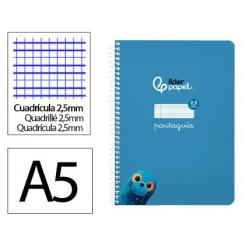 Cuaderno Espiral LIDERPAPEL A5 Pautaguia tapa blanda 40H 75 gr cuadriculada pautado 2,5mm color Azul