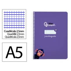 Cuaderno Espiral LIDERPAPEL A5 Pautaguia tapa blanda 40H 75 gr cuadriculada pautado 2,5mm color Lila