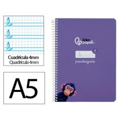 Cuaderno Espiral LIDERPAPEL A5 Pautaguia tapa blanda 40H 75 gr cuadriculada pautado 4mm color Lila