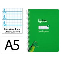 Cuaderno Espiral LIDERPAPEL A5 Pautaguia tapa blanda 40H 75 gr cuadriculada pautado 4mm color Verde