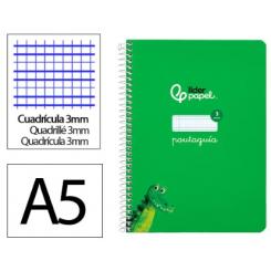 Cuaderno Espiral LIDERPAPEL A5 Pautaguia tapa dura 80H 90 gr cuadriculada pautado 3mm color Verde