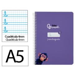 Cuaderno Espiral LIDERPAPEL A5 Pautaguia tapa dura 80H 90 gr cuadriculada pautado 4mm color Lila