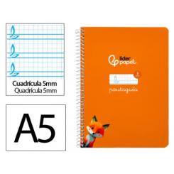 Cuaderno Espiral LIDERPAPEL A5 Pautaguia tapa dura 80H 90 gr cuadriculada pautado 5mm color Naranja