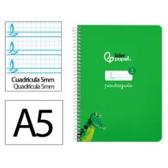 Cuaderno Espiral LIDERPAPEL A5 Pautaguia tapa dura 80H 90 gr cuadriculada pautado 5mm color Verde