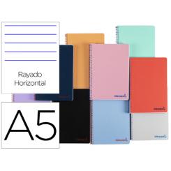Cuaderno espiral LIDERPAPEL A5 wonder tapa plastico 80h 90g rayado horizontal con margen colores surtidos