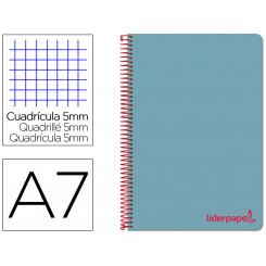 Cuaderno espiral LIDERPAPEL A7 micro wonder tapa plastico 100h 90 gr cuadro 5mm 4 bandas color celeste