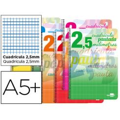 Cuaderno espiral LIDERPAPEL cuarto pautaguia tapa blanda 40h 75 gr cuadro pautado 2,5mmcon margen colores surtidos