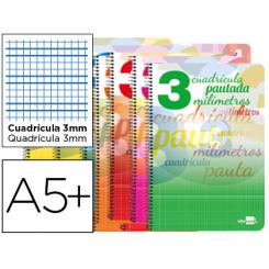 Cuaderno espiral LIDERPAPEL cuarto pautaguia tapa blanda 40h 75 gr cuadro pautado 3 mm con margen colores surtidos