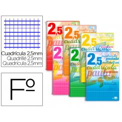Cuaderno espiral LIDERPAPEL folio pautaguia tapa blanda 80h 75 gr cuadro pautado 2,5mm con margen colores surtidos