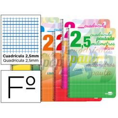 Cuaderno Espiral LIDERPAPEL Folio Pautaguia tapa dura 80H 75 gr cuadriculada pautado 2,5mm c/margen colores Surtidos