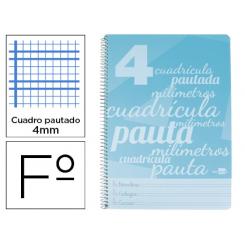 Cuaderno espiral LIDERPAPEL folio pautaguia tapa plastico 80h 75gr cuadro pautado 4mm con margen color azul
