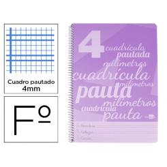 Cuaderno espiral LIDERPAPEL folio pautaguia tapa plastico 80h 75gr cuadro pautado 4mm con margen color violeta
