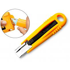 Cuter Q-CONNECT plastico ancho de seguridad retractil y con asa para colgar cuchilla 18 mm xd-123 blister 1 unidad