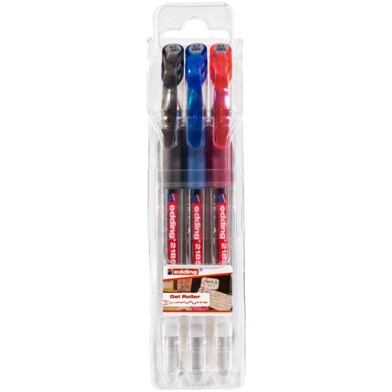Edding 2185 Bolsa 3 rotuladores Gel Roller. Colores negro, rojo y azul