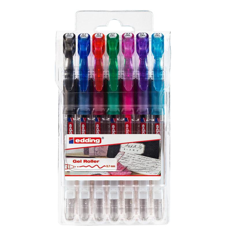 Edding 2185 Bolsa 7 rotuladores Gel Roller. Colores negro, rojo, azul, verde, violeta, rosa y azul claro
