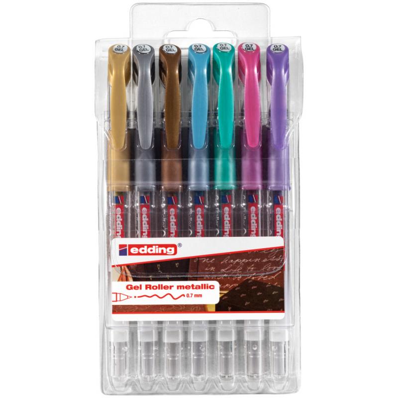 Edding 2185 Bolsa 7 rotuladores Gel Roller. Colores oro, plata, cobre, azul metálico, verde metálico, violeta metálico y rosa metálico