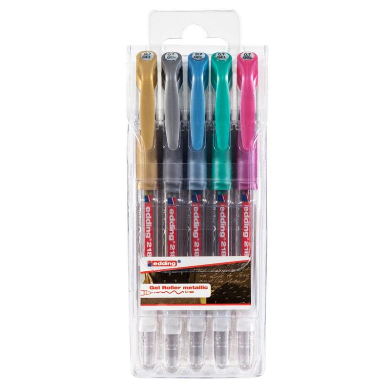Edding 2185 Bolsa con 5 rotuladores Gel Roller. Colores metálicos oro, plata, azul metálico, verde metálico y rosa metálico
