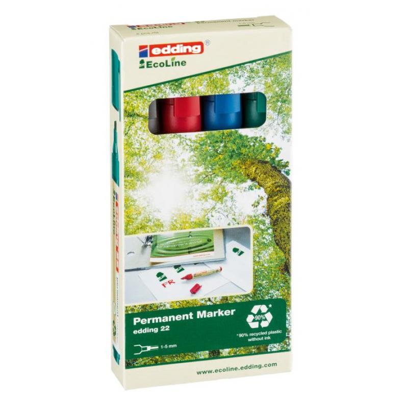 Edding 22 Estuche de cartón con 4 marcadores Ecoline.Color negro, rojo, azul y verde