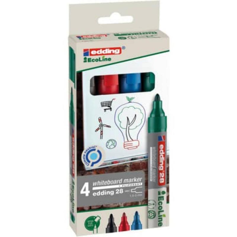 Edding 28 Estuche de cartón con 4 marcadores Ecoline 28. Colores: negro, rojo, azul y verde