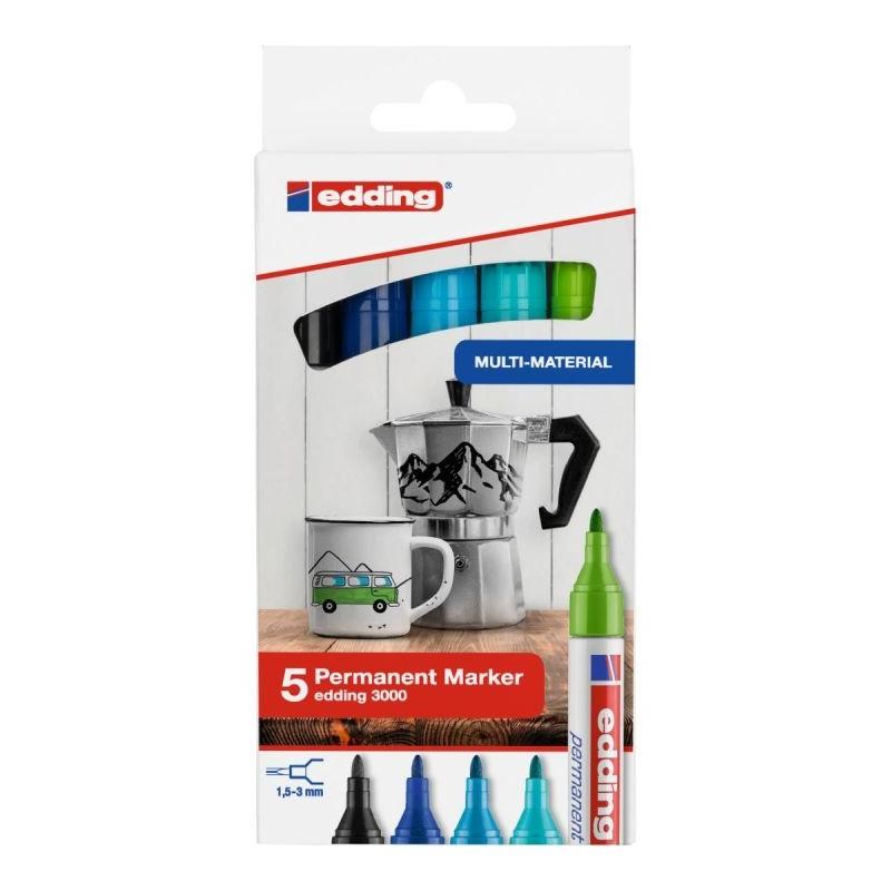 Edding 3000 Pack 5 marcadores. Colores: negro, azul, azul claro, verde claro y azul turquesa
