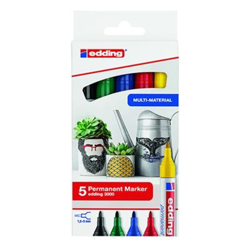 Edding 3000 Pack 5 marcadores. Colores: negro, rojo, azul, verde y amarillo