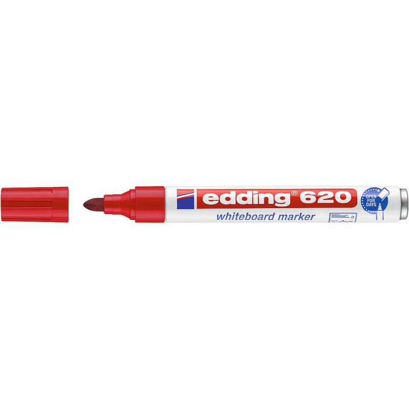 Edding 620 Marcador para pizarras blancas y superficies no porosas. Cuerpo de metal y punta redonda. Trazo: 1,5-3 mm.Sistema Cap-off. Color rojo