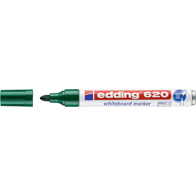 Edding 620 Marcador para pizarras blancas y superficies no porosas. Cuerpo de metal y punta redonda. Trazo: 1,5-3 mm.Sistema Cap-off. Color verde