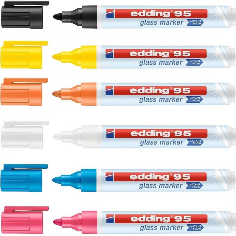Edding 95 Pack 6 marcadores. Colores negro, amarillo, naranja, rosa, azul claro y blanco
