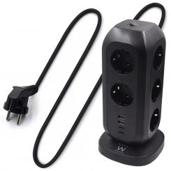 Ewent Regleta de 11 tomas en columna con 2 cargadores USB y 2 cargadores USB-C con enchufe Schuko de 16
