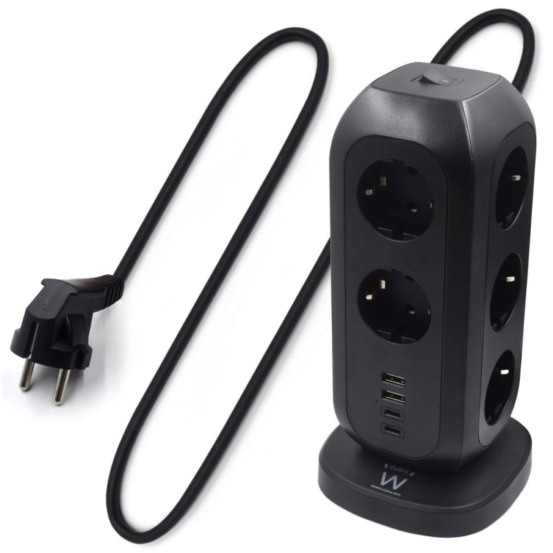 Ewent Regleta de 11 tomas en columna con 2 cargadores USB y 2 cargadores USB-C con enchufe Schuko de 16