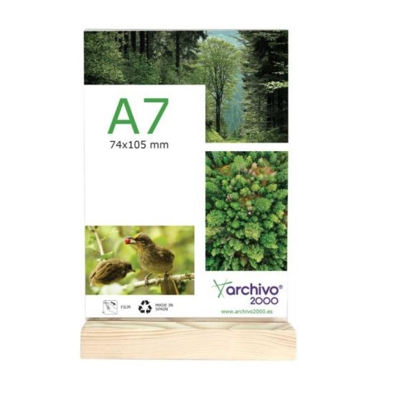 Expositor de sobremesa sostenible ARCHIVO 2000 Green Display A7 vertical con base de maderaMetacrilato 100% reciclado y reciclable ultra transparente resistente
