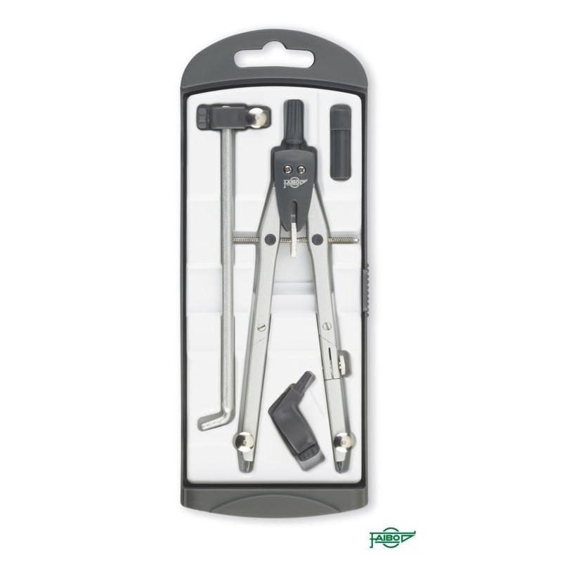 FAIBO Compás SERIE TECHNICAL2000 micrométrico con alargadera, adaptador universal y caja de minas, longitud 165 mm